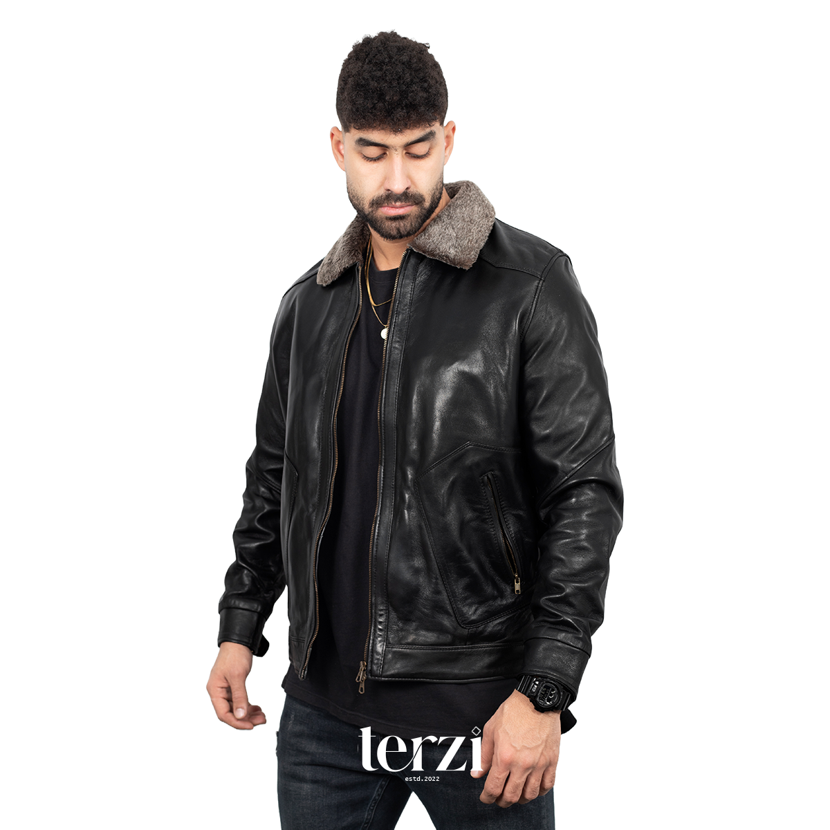 Fur Collar Genuine Leather Jacket